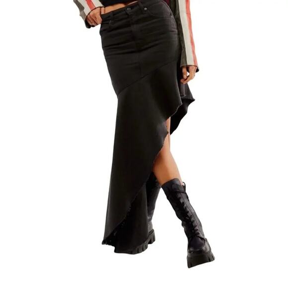 SNACKS! The Crinkle Cut Faded Black Denim Jean Skirt Asymmetrical Rocker Style - Picture 5 of 16